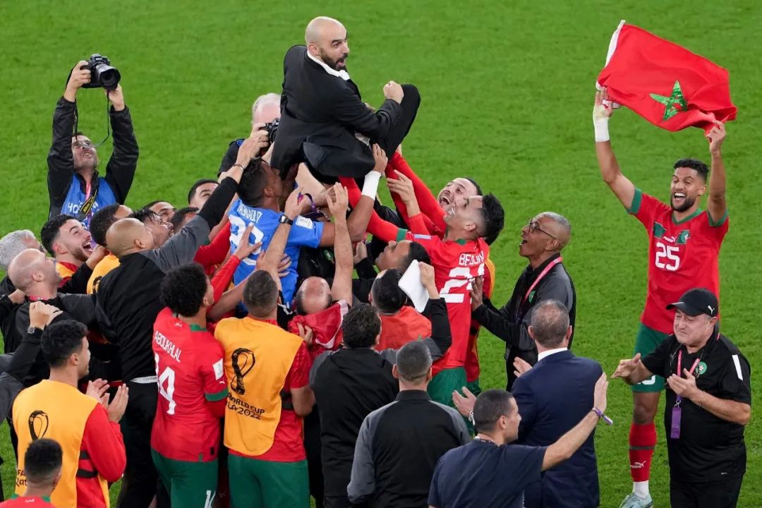 ▲12月10日，摩洛哥队成员在比赛后抛起主教练雷格拉吉庆祝。（新华社）